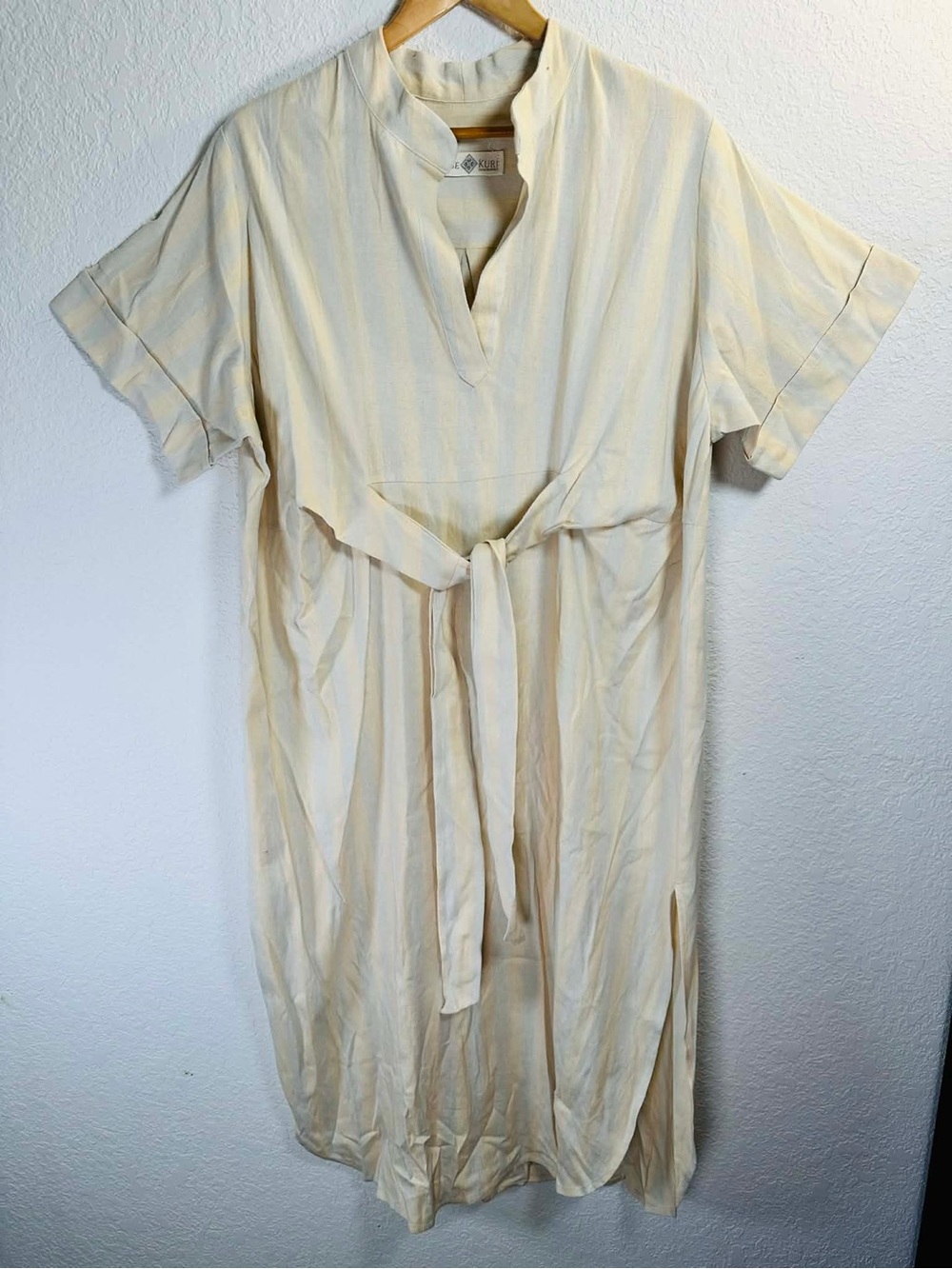 Artisanal Handmade Light Cotton Cream Tie-Waist Shirt Dress